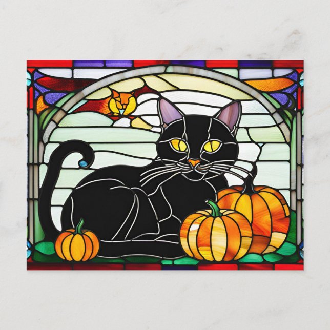 Postal Festiva Gato negro de vidrio manchado con calabazas (Anverso)