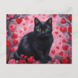 Postal Festiva Gato negro del día de San Valentín con corazones y
