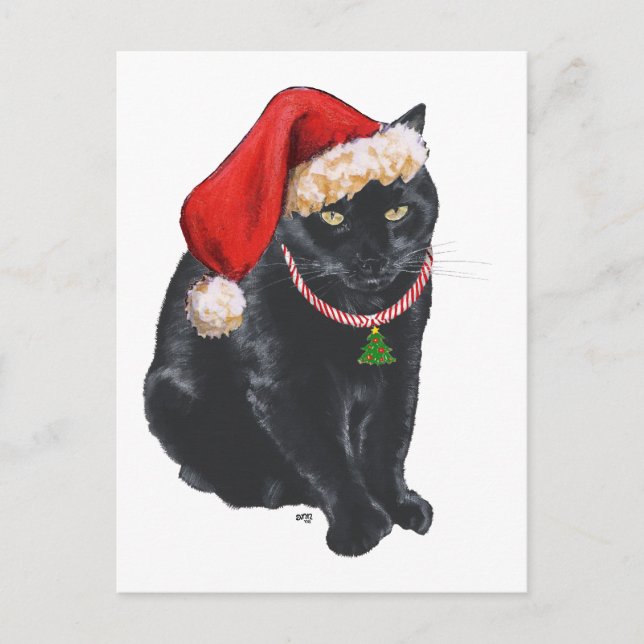 Postal Festiva Gato negro en el gorra de Santa (Anverso)