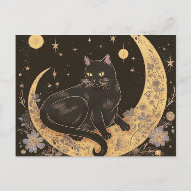 Postal Festiva Gato negro en luna creciente Halloween de oro negr (Anverso)