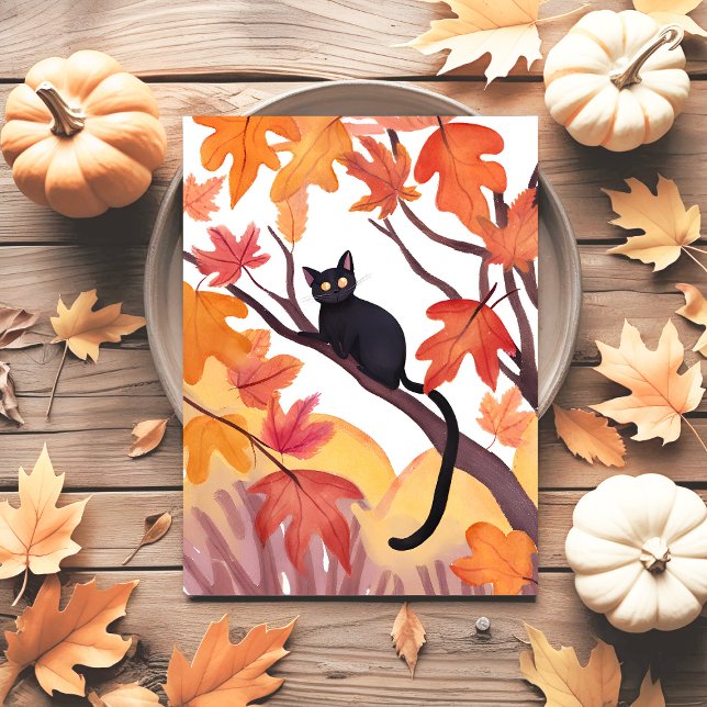 Postal Festiva Gato negro en un árbol | Otoño Spooky Cute (Subido por el creador)