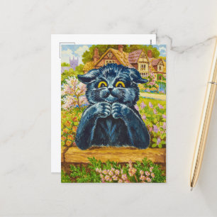 Postal Festiva Gato negro en un jardín de Louis Wain