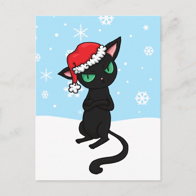 Postal Festiva Gato negro gruñón vestido con sombrero Santa Hat (Anverso)
