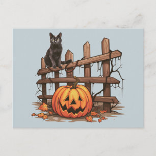 Postal Festiva Gato Negro Jack-O' Lantern Gris Azul Halloween