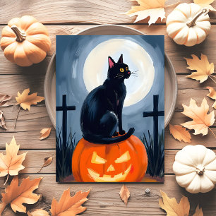 Postal Festiva Gato Negro Jack-O-Lantern Halloween Pintado