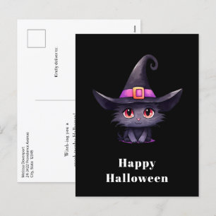 Postal Festiva Gato negro lindo vistiendo Halloween Gorra de una 