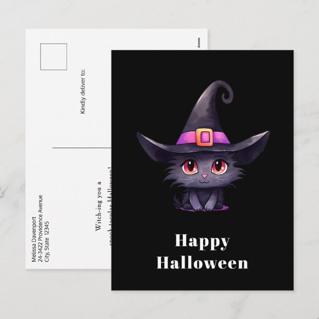 Postal Festiva Gato negro lindo vistiendo Halloween Gorra de una  (Anverso / Reverso)