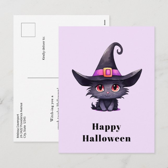 Postal Festiva Gato negro lindo vistiendo Halloween Gorra de una  (Anverso / Reverso)