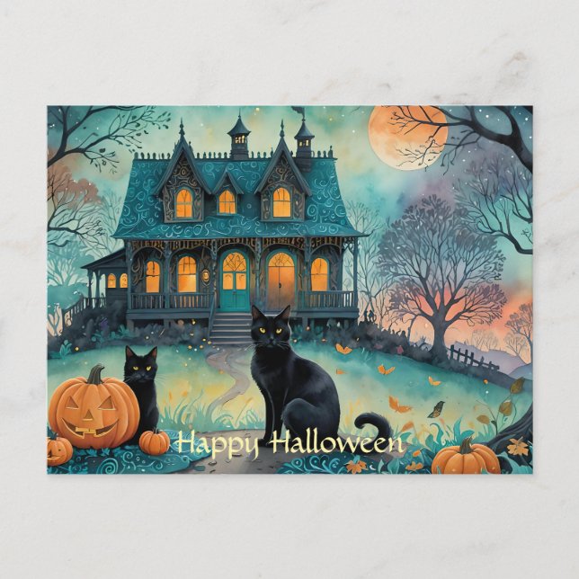 Postal Festiva Gato negro, linternas Jack O, Halloween en casa fa (Anverso)