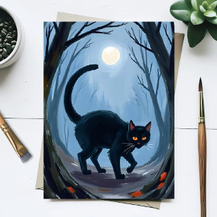 Postal Festiva Gato Negro Luna de Halloween Acuarela