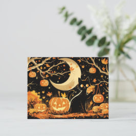 Postal Festiva Gato Negro Retro con Jack-o’-Lanterns