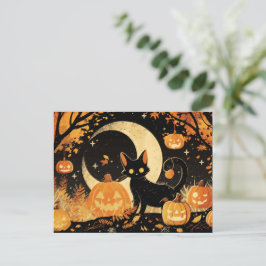 Postal Festiva Gato Negro Retro con Jack-o’-Lanterns