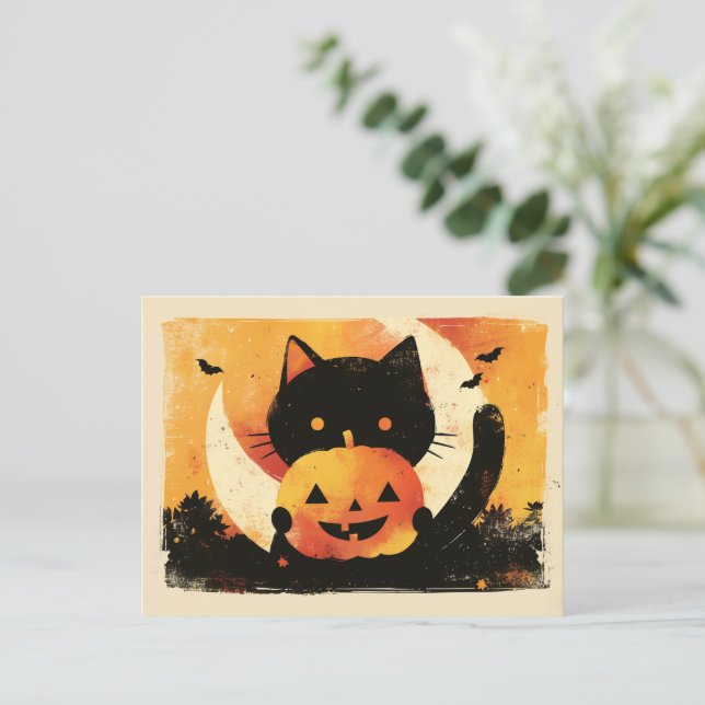 Postal Festiva Gato negro retro con linterna Jack O' (Anverso de pie)