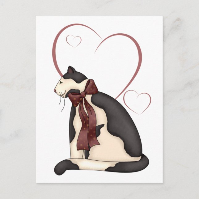 Postal Festiva Gato negro y blanco gatito con corazón Valentine (Anverso)