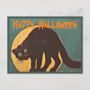 Postal Festiva Gato negro y luna llena - Halloween Feliz