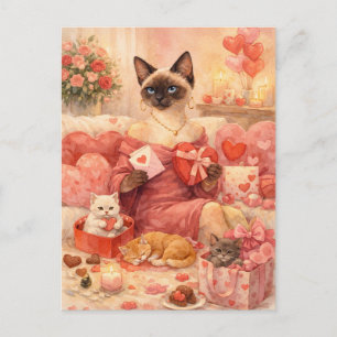 Postal Festiva Gato para el Día de San Valentín con rosa roja