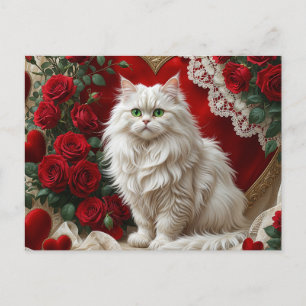 Postal Festiva Gato persa blanco el día de San Valentín con Rosas