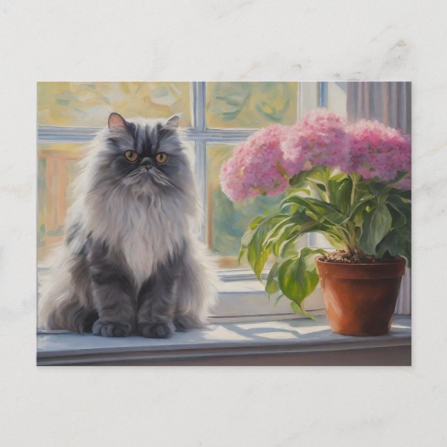 Postal Festiva Gato persa gris puro con planta de flores rosadas (Anverso)