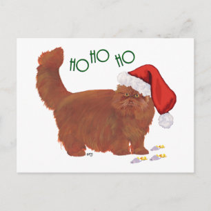 Postal Festiva Gato Persa Rojo Pelilargo Ayudante de Santa
