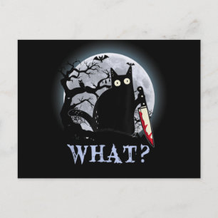Postal Festiva Gato Qué Gato Negro Asesino Con Cuchillo Halloween