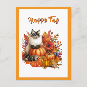 Postal Festiva Gato Ragdoll y Calabazas Feliz Otoño