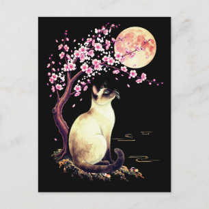 Postal Festiva Gato siamés bajo una luna rosa