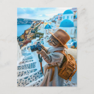 Postal Festiva Gato tomando fotos en Santorini