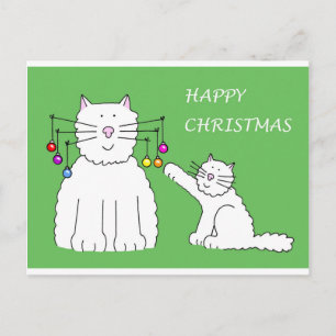 Postal Festiva Gato y gatito jugando con Navidades baubles