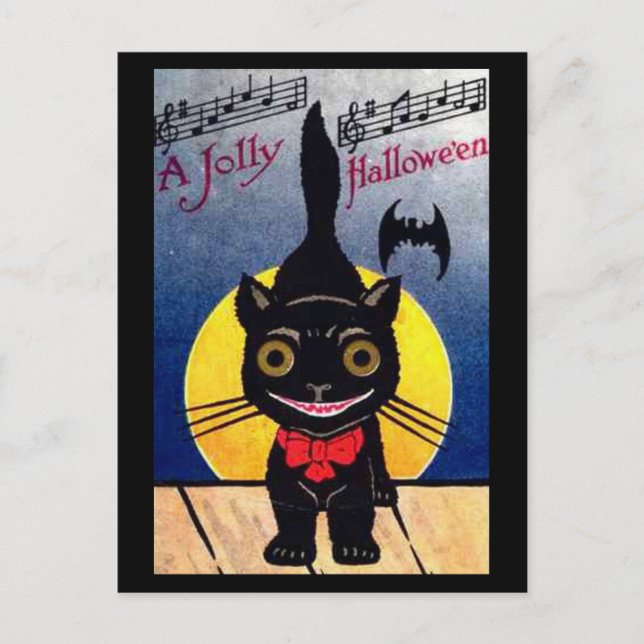 Postal Festiva Gato y murciélago de Jolly Halloween (Anverso)