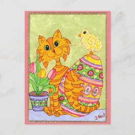 Postal Festiva Gato y polluelo con el arte popular Pascua del