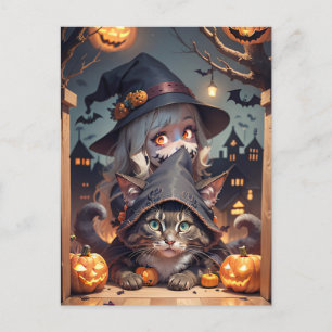 Postal Festiva Gato y truco de Halloween o trata a un niño