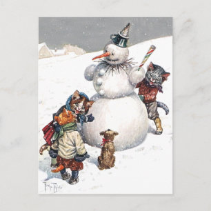 Postal Festiva Gatos adorables que construyen un muñeco de nieve