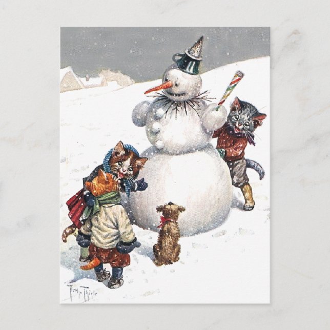 Postal Festiva Gatos adorables que construyen un muñeco de nieve (Anverso)