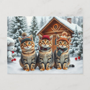 Postal Festiva Gatos atigrados con ropa de invierno elegante y so