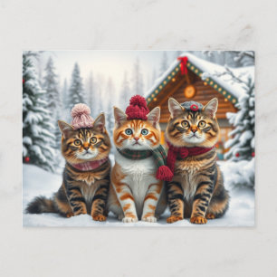 Postal Festiva Gatos atigrados con ropa de invierno elegante y so