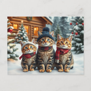 Postal Festiva Gatos atigrados con ropa de invierno y sombrero de