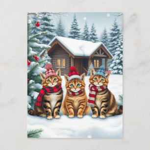 Postal Festiva Gatos atigrados con ropa de invierno y sombrero de