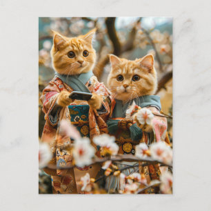 Postal Festiva Gatos bajo flores de cerezo en Japón