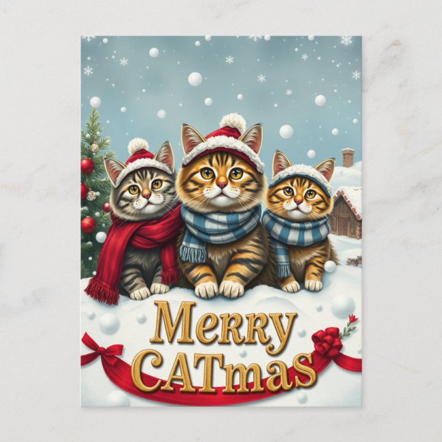 Postal Festiva Gatos con atuendo de invierno de Preppy y Navidade (Anverso)