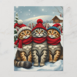 Postal Festiva Gatos con atuendo de invierno y Gorras en invierno
