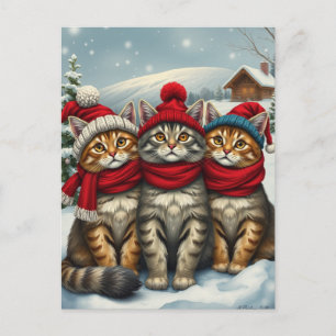 Postal Festiva Gatos con atuendo de invierno y Gorras en invierno