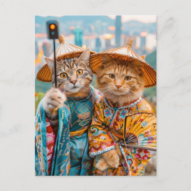 Postal Festiva Gatos con atuendos tradicionales chinos (Anverso)