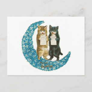 Postal Festiva Gatos de San Valentín en una luna azul