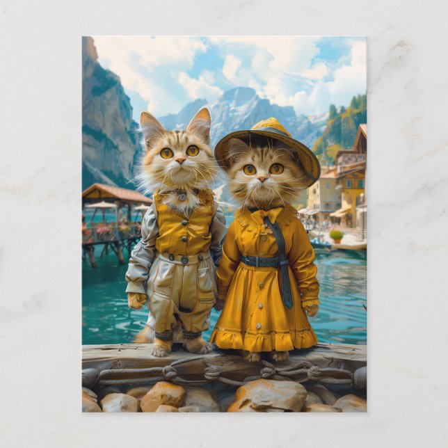 Postal Festiva Gatos de un pueblo suizo a orillas del lago (Anverso)