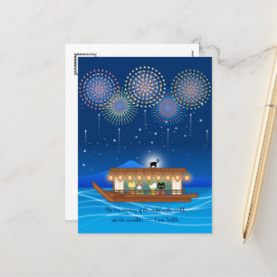 Postal Festiva Gatos deslumbrando en fuegos artificiales a bordo 