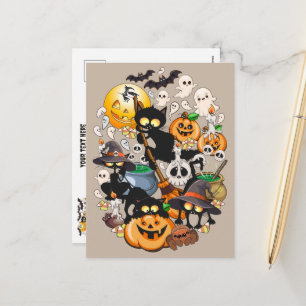 Postal Festiva Gatos divertidos de Halloween en una fiesta
