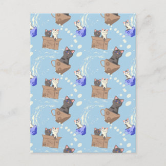 Postal Festiva Gatos en caja y gotas de leche en azul