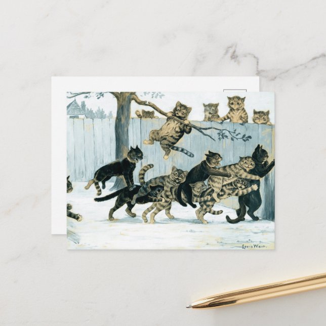 Postal Festiva Gatos en juego por Louis Wain (Anverso/Reverso In Situ)