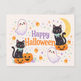 Postal Festiva Gatos Fantasmas Calabazas Halloween Lindos Amigabl