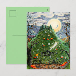 POSTAL FESTIVA GATOS FANTASMAS EN CEMENTERIO DE NUEVE VIDAS, ARTE